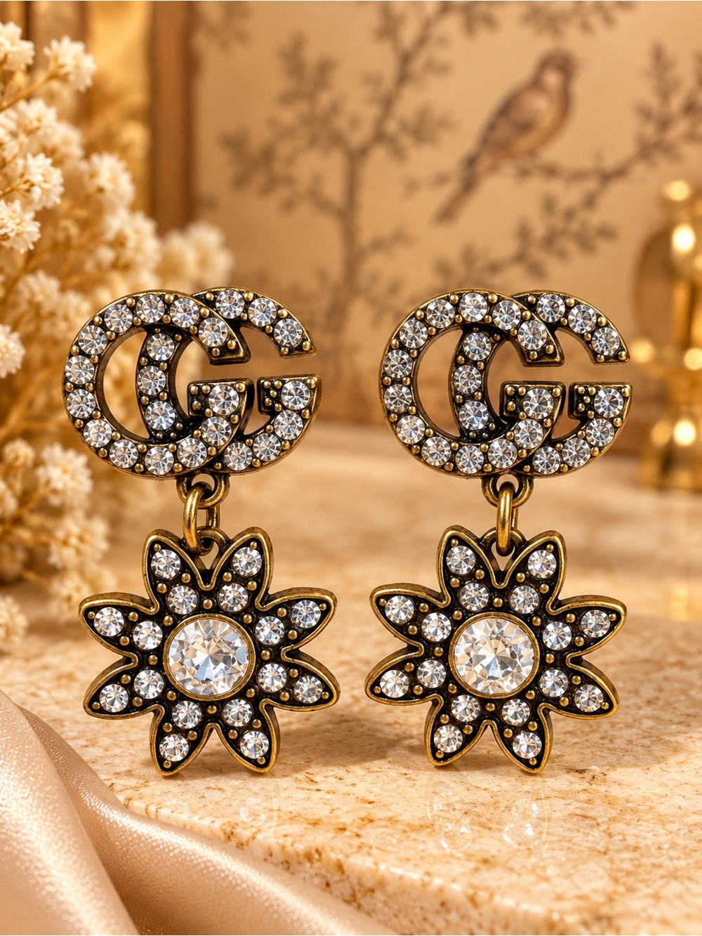 Fifi’s Closet | Ababil Gold Crystal Floral Statement Drop Earrings